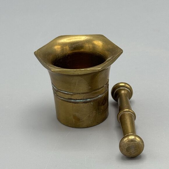 Vtg Solid Brass Mortar and Pestle Set Hexagon Top Shape Apothecary 1.5" T - Picture 9 of 9